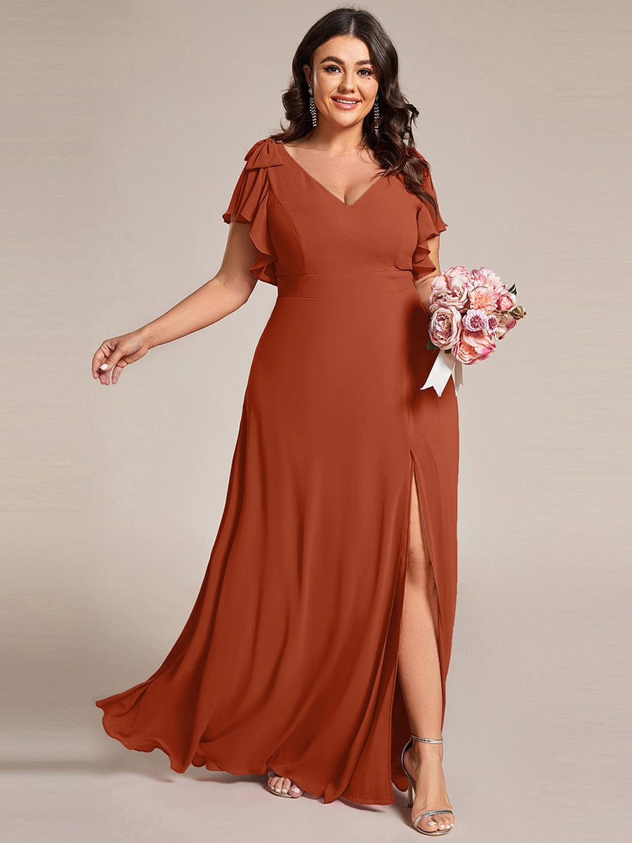 Chiffon Short Sleeve with Bowknot High Front Slit A-Line Bridesmaid Dress