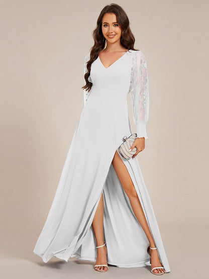 Chiffon See-Through Long Sleeve V-Neck High Slit Formal Evening Dress — White