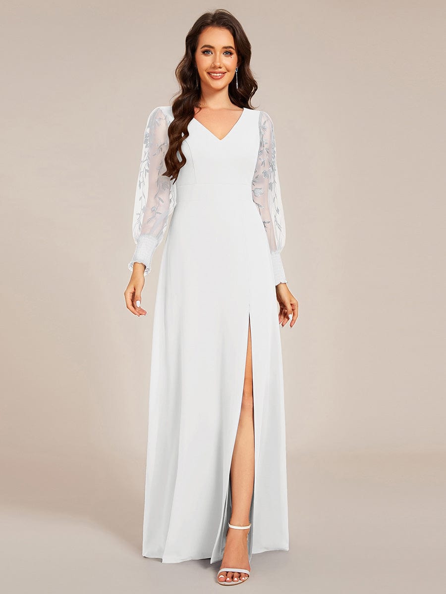 Chiffon See-Through Long Sleeve V-Neck High Slit Formal Evening Dress