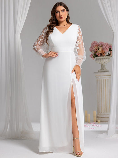 Chiffon See-Through Long Sleeve V-Neck High Slit Formal Evening Dress