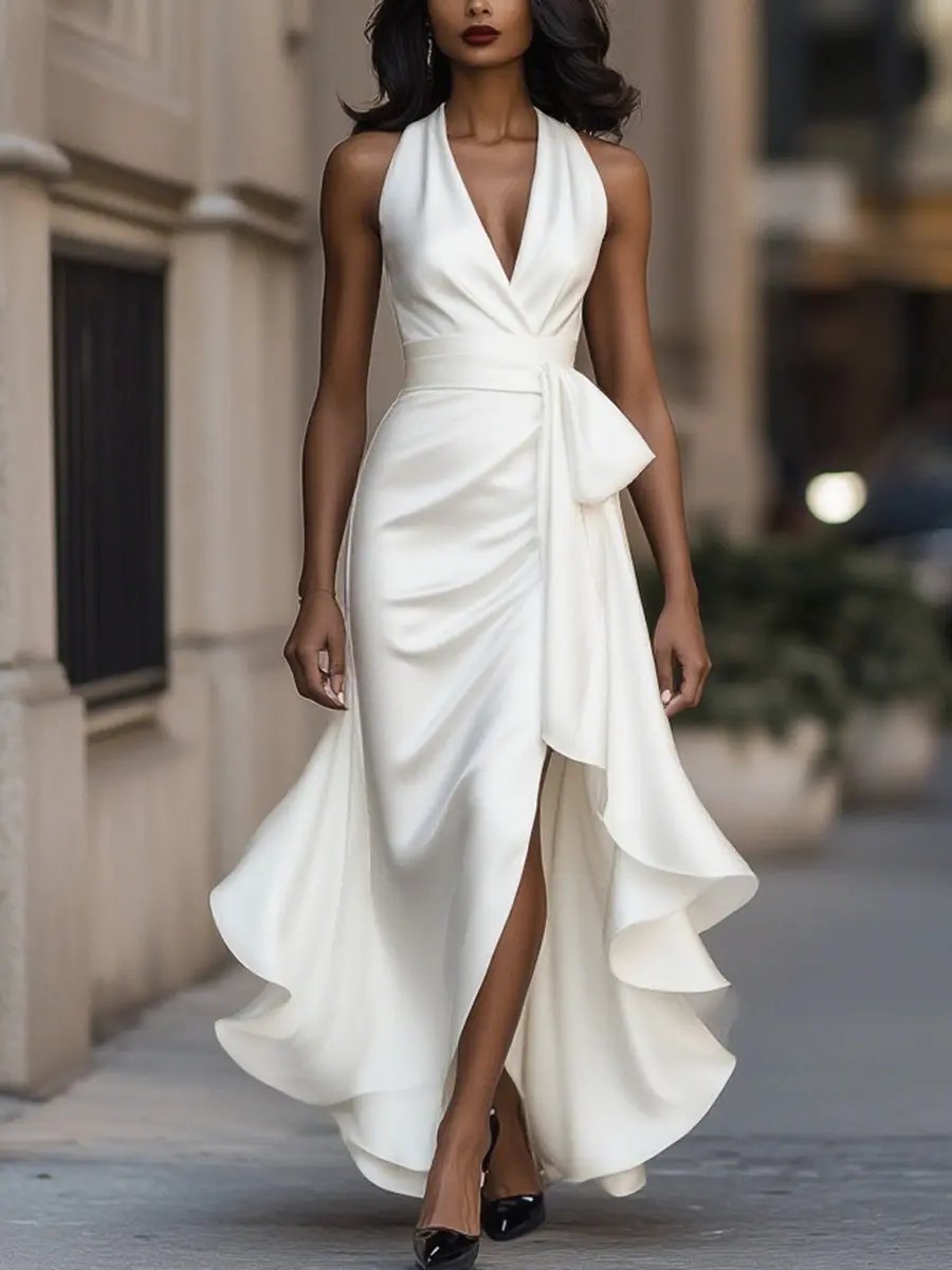 Sabrina | Refined Halterneck Maxi Dress — White — Alfa Empire, view 3