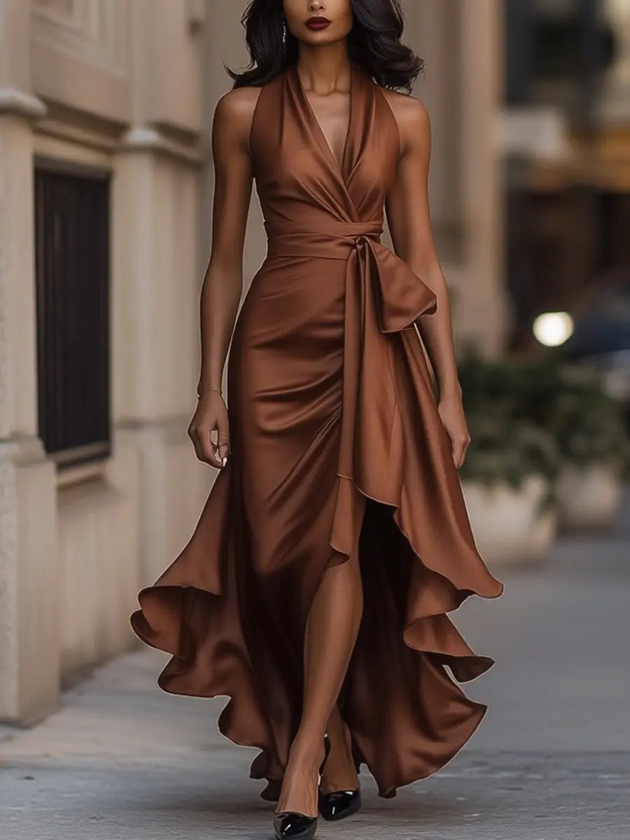 Sabrina | Refined Halterneck Maxi Dress — Brown — Alfa Empire, view 6
