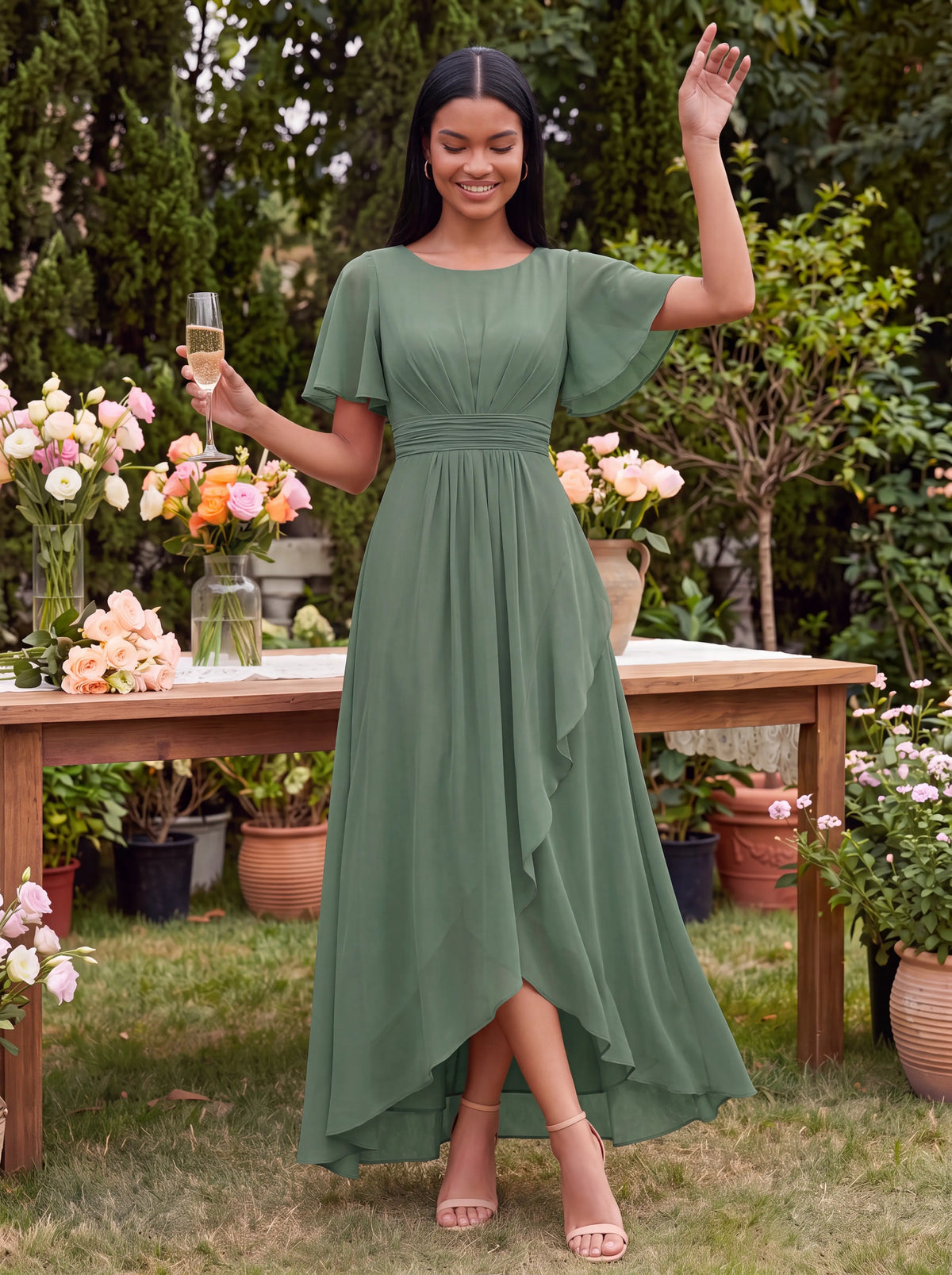 Chiffon Ruffle Short Sleeve Wedding Guest Dress