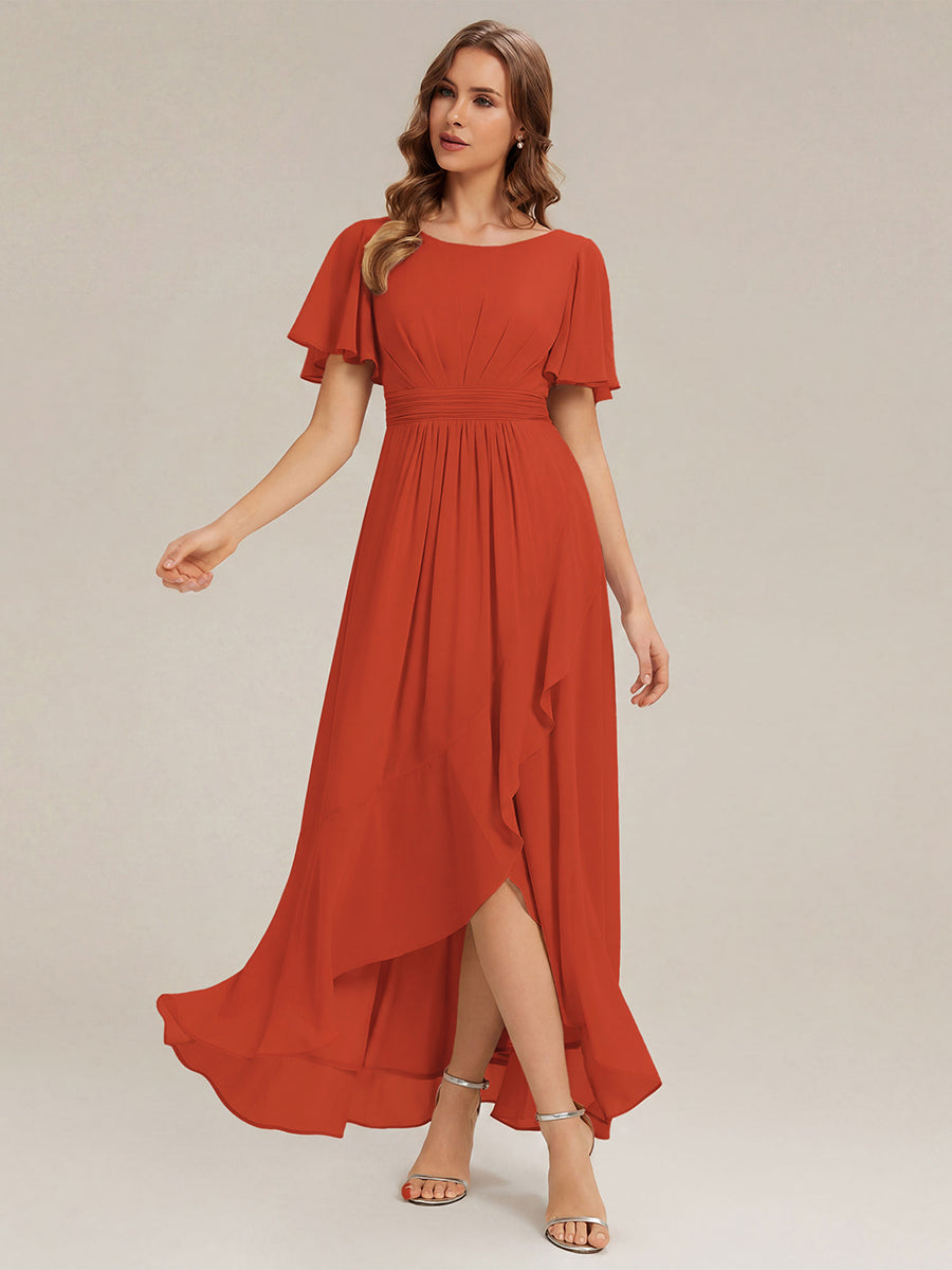 Chiffon Ruffle Short Sleeve Wedding Guest Dress — Burnt Orange
