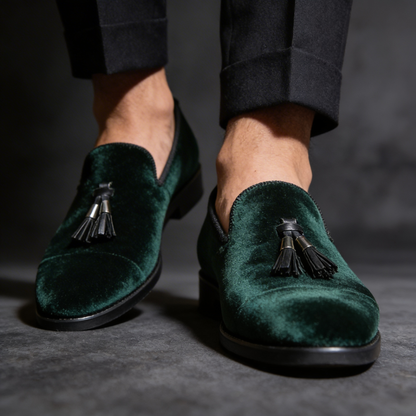 Sandro | Classic Velvet Tassel Loafers — Green — Alfa Empire, view 1