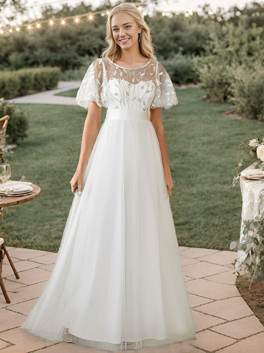 A-Line Short Sleeve Embroidery Floor-Length Evening Dress — White