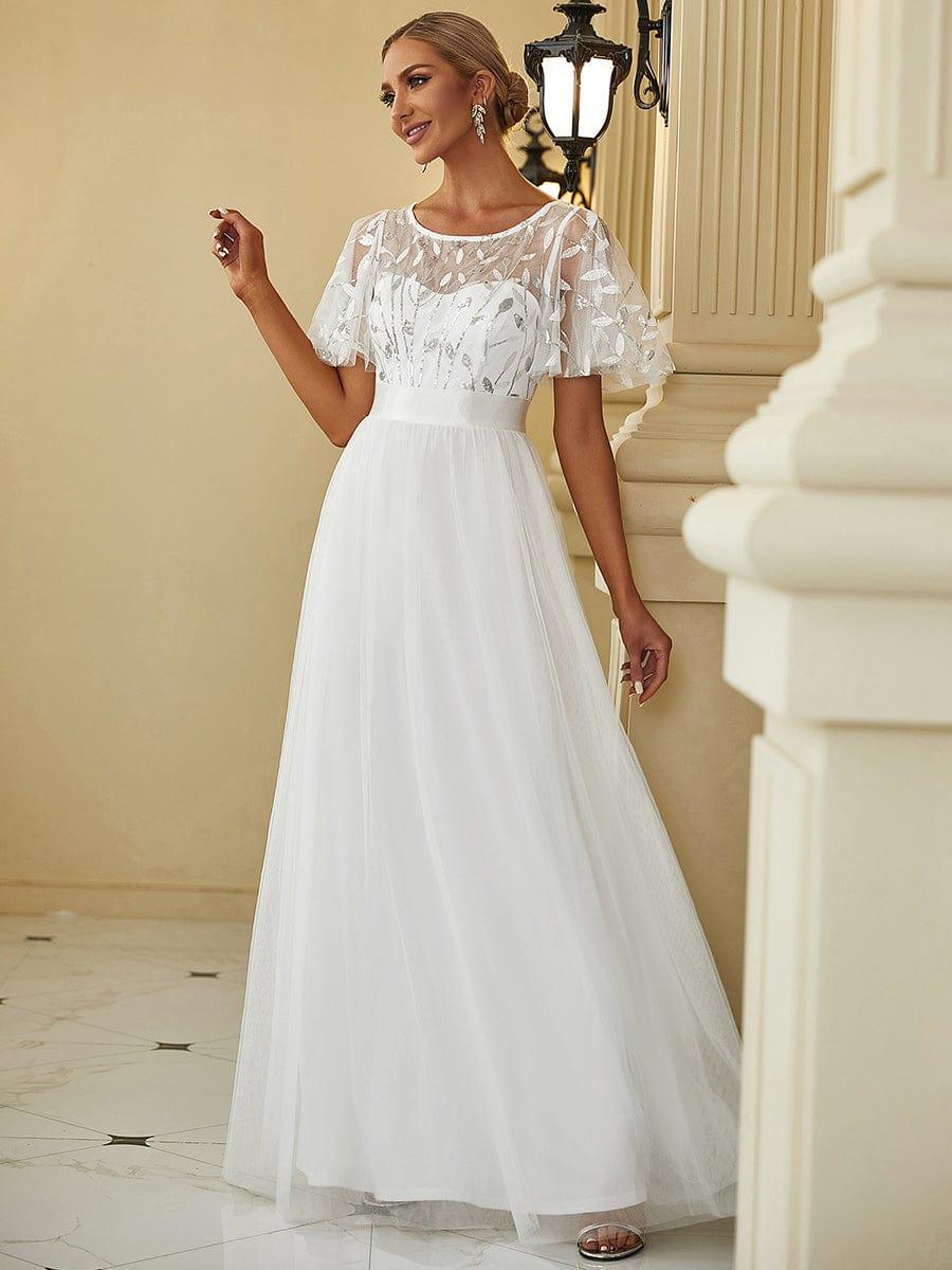 A-Line Short Sleeve Embroidery Floor-Length Evening Dress