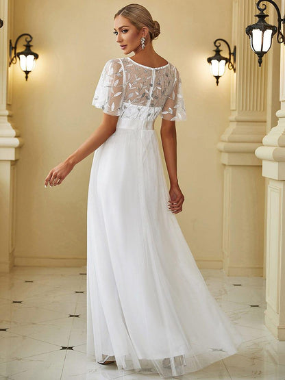 A-Line Short Sleeve Embroidery Floor-Length Evening Dress