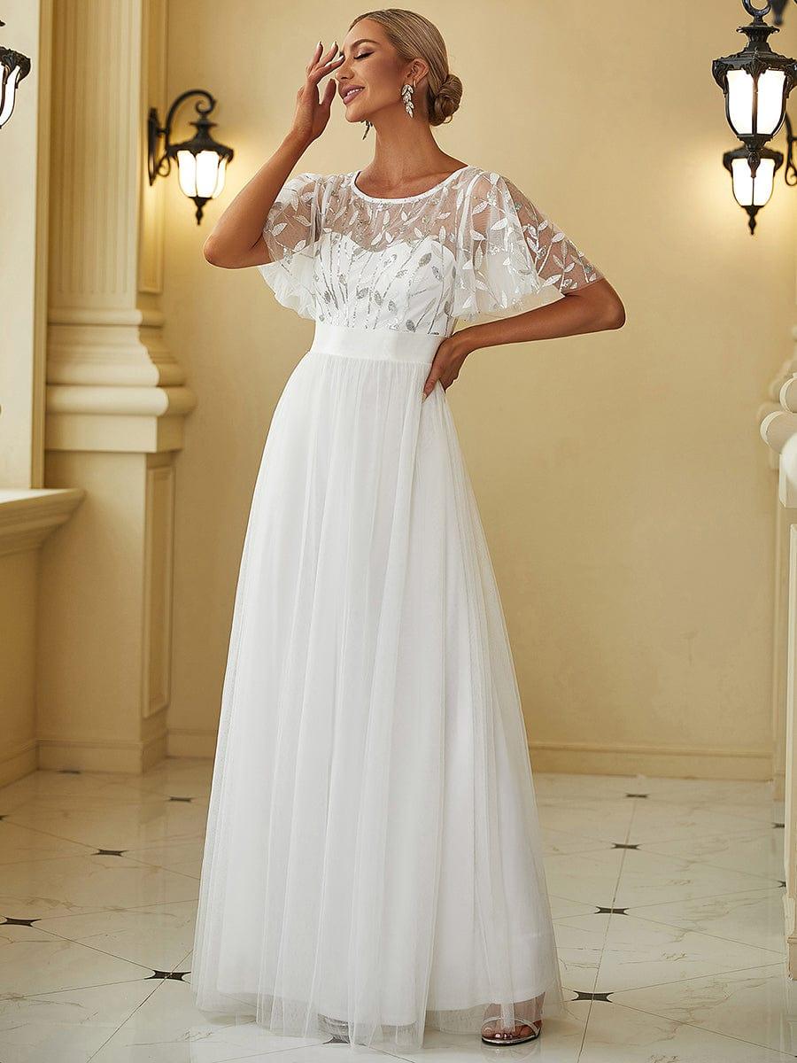 A-Line Short Sleeve Embroidery Floor-Length Evening Dress