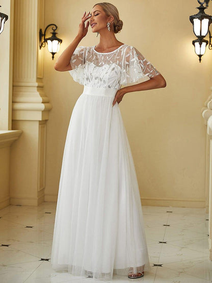 A-Line Short Sleeve Embroidery Floor-Length Evening Dress