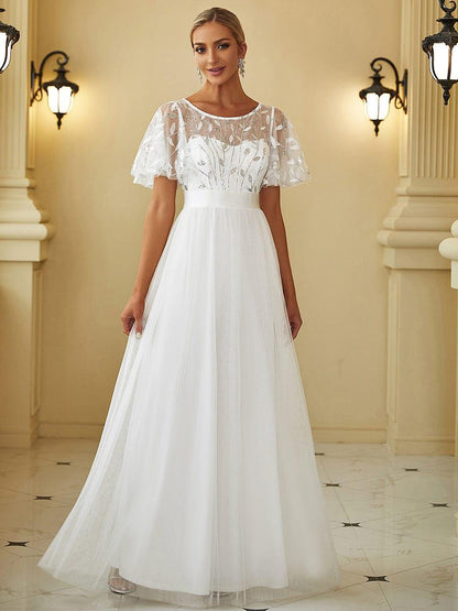 A-Line Short Sleeve Embroidery Floor-Length Evening Dress