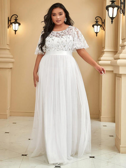 A-Line Short Sleeve Embroidery Floor-Length Evening Dress