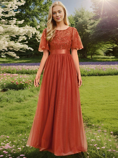 A-Line Short Sleeve Embroidery Floor-Length Evening Dress — Burnt Orange
