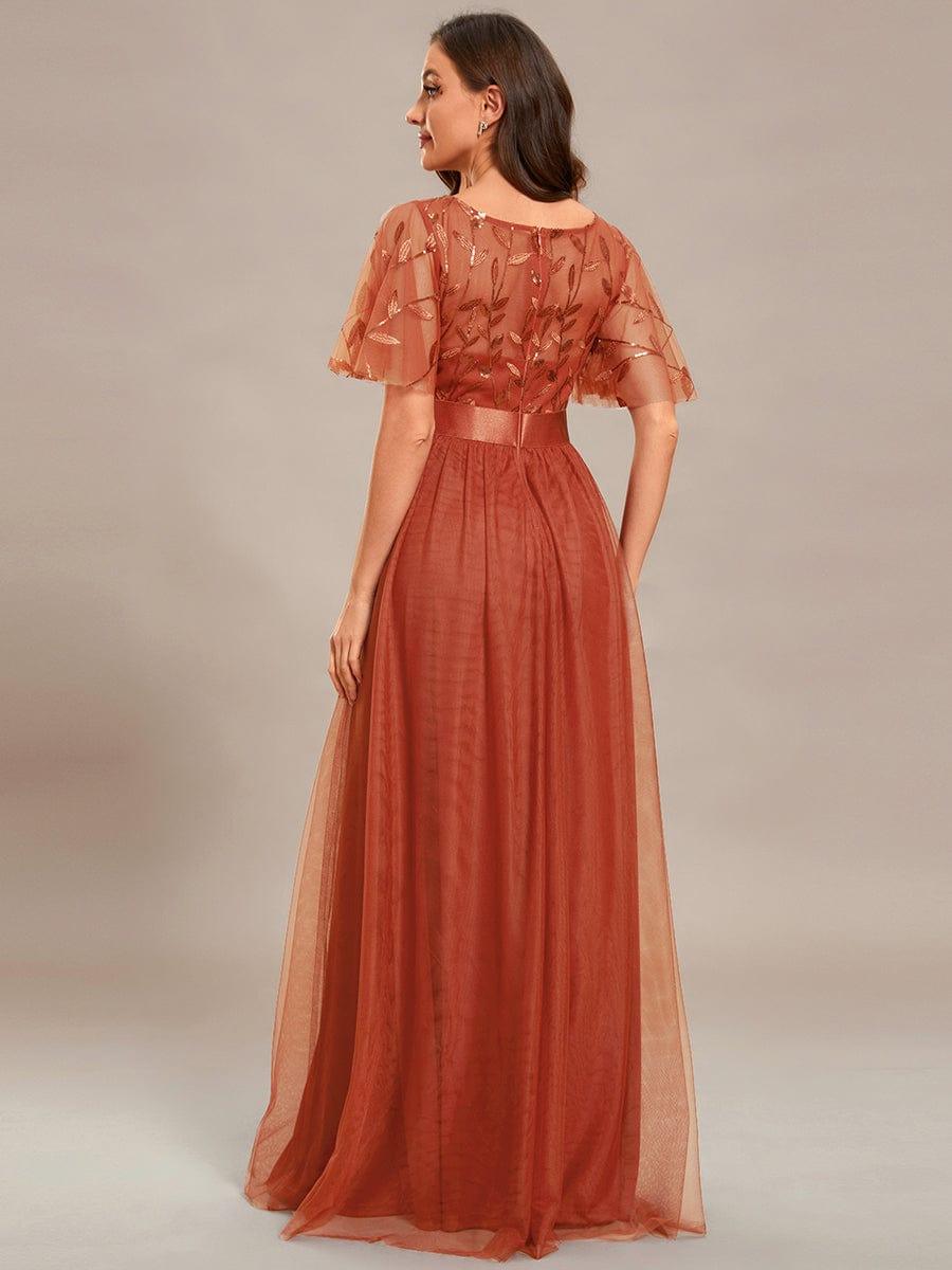 A-Line Short Sleeve Embroidery Floor-Length Evening Dress