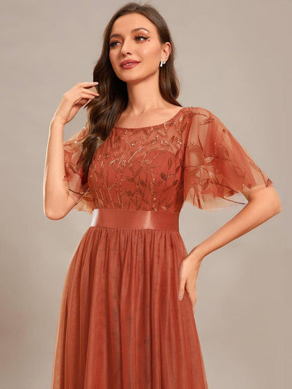 A-Line Short Sleeve Embroidery Floor-Length Evening Dress