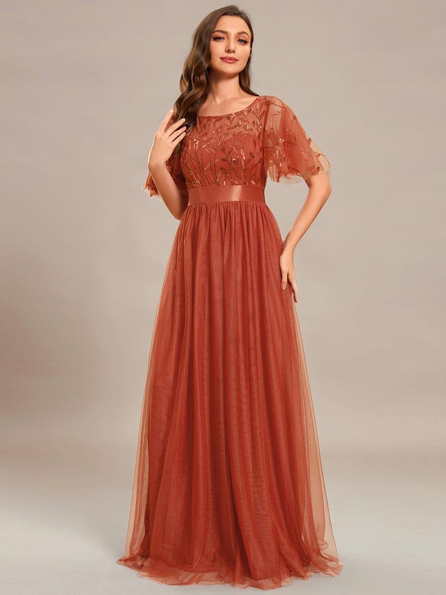 A-Line Short Sleeve Embroidery Floor-Length Evening Dress