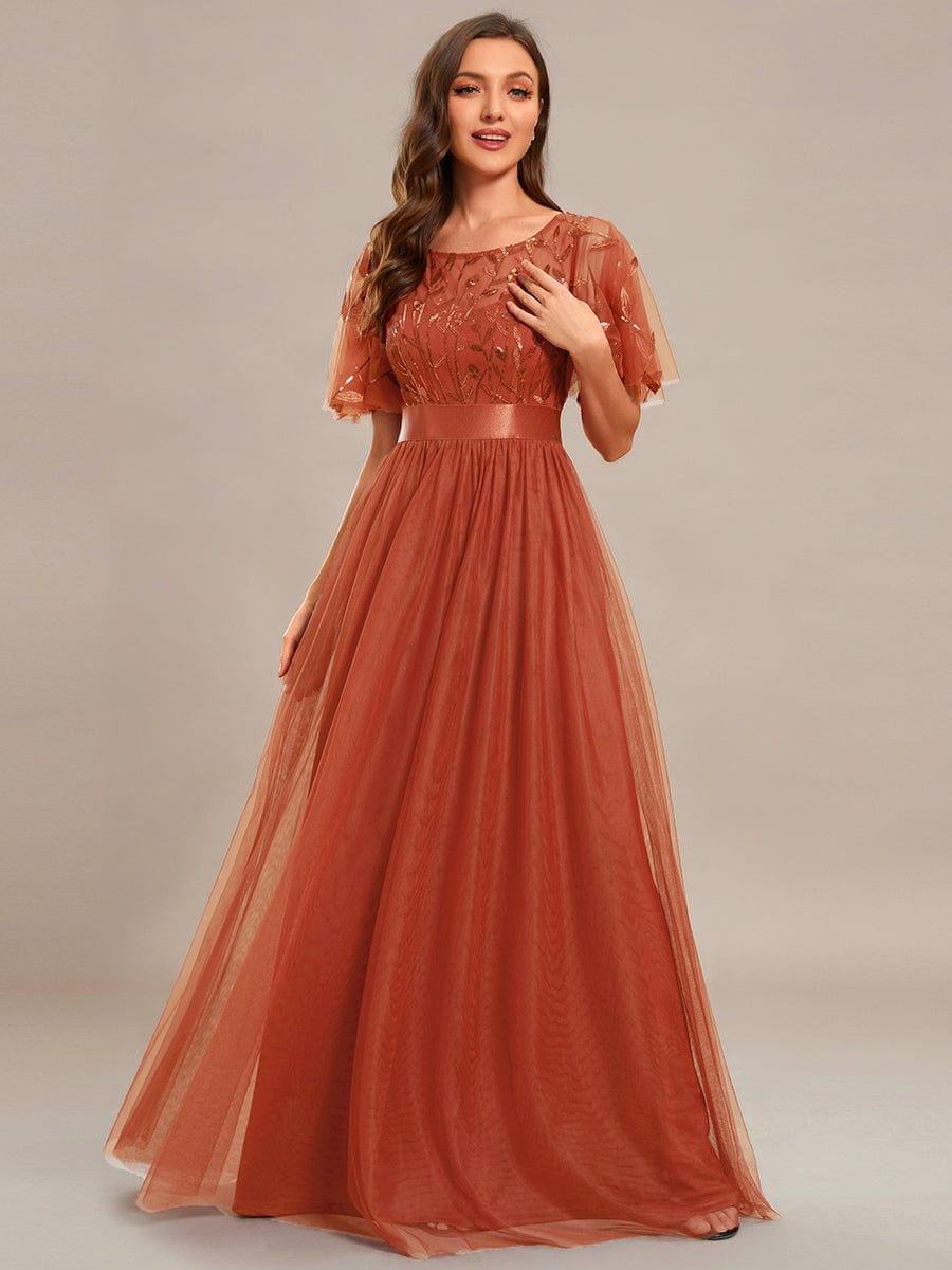 A-Line Short Sleeve Embroidery Floor-Length Evening Dress