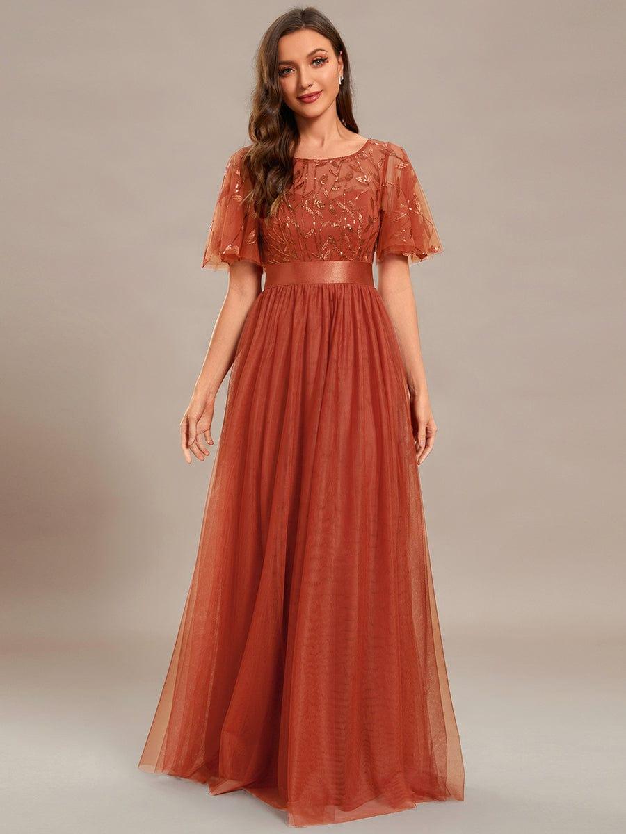 A-Line Short Sleeve Embroidery Floor-Length Evening Dress