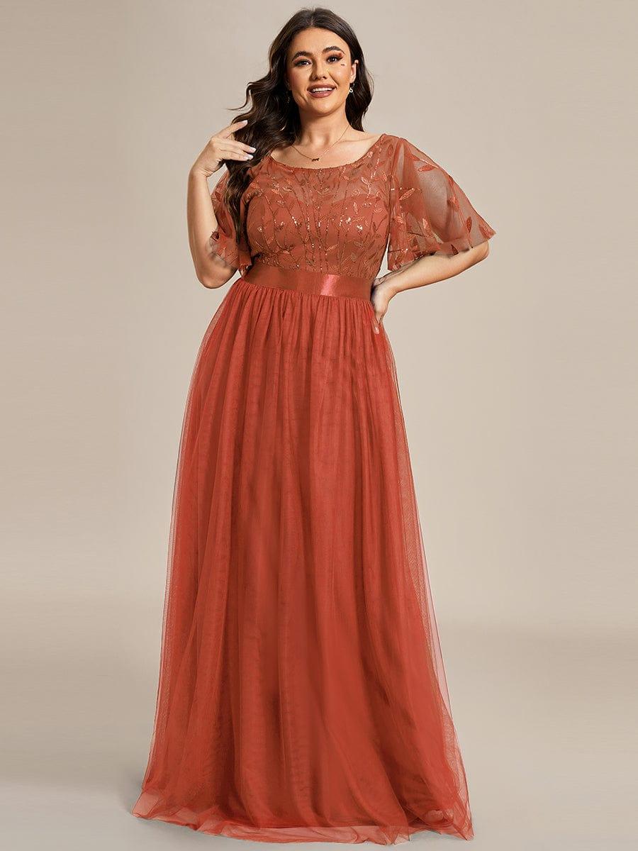A-Line Short Sleeve Embroidery Floor-Length Evening Dress