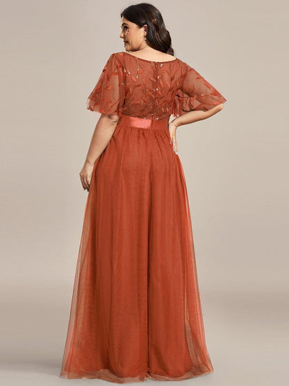 A-Line Short Sleeve Embroidery Floor-Length Evening Dress