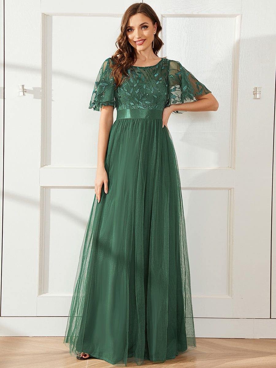A-Line Short Sleeve Embroidery Floor-Length Evening Dress — Eucalyptus