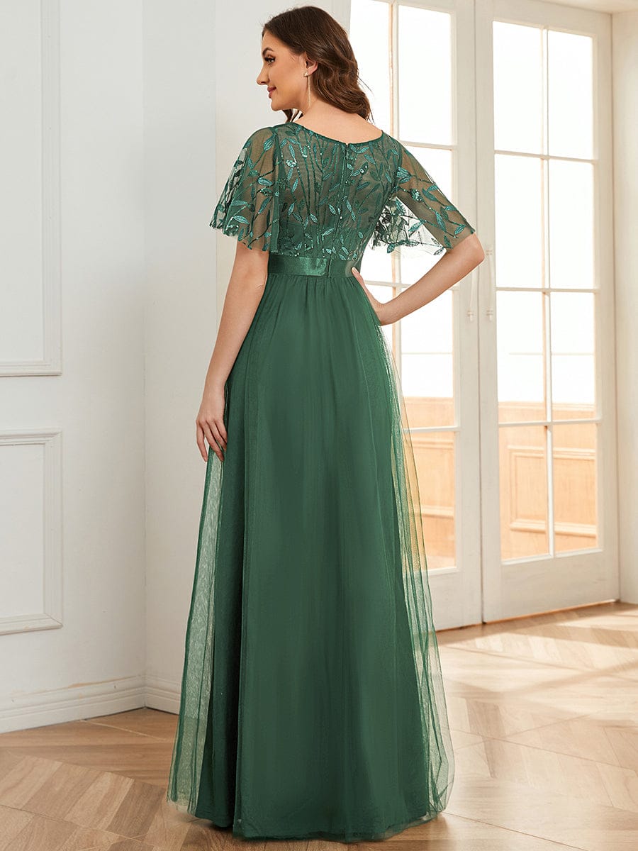 A-Line Short Sleeve Embroidery Floor-Length Evening Dress