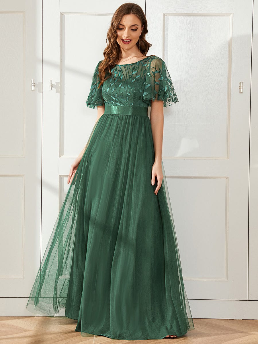 A-Line Short Sleeve Embroidery Floor-Length Evening Dress