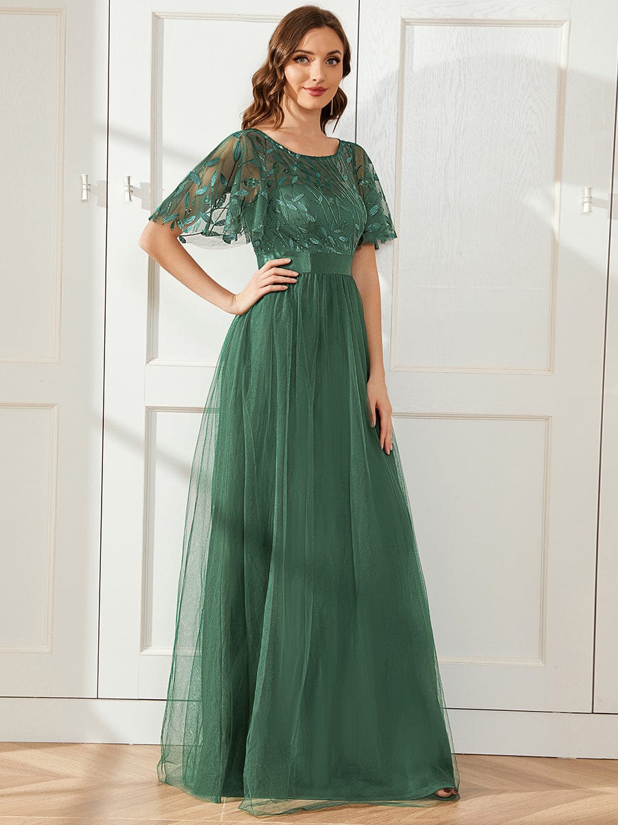 A-Line Short Sleeve Embroidery Floor-Length Evening Dress