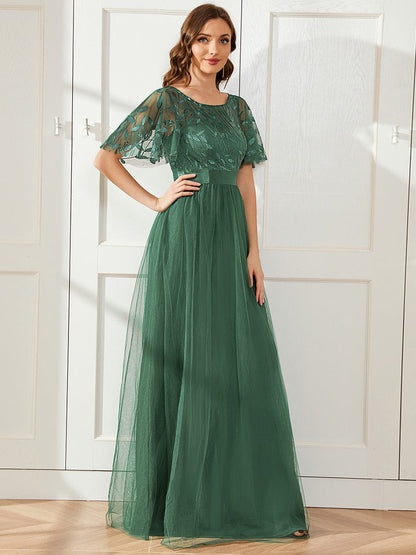 A-Line Short Sleeve Embroidery Floor-Length Evening Dress