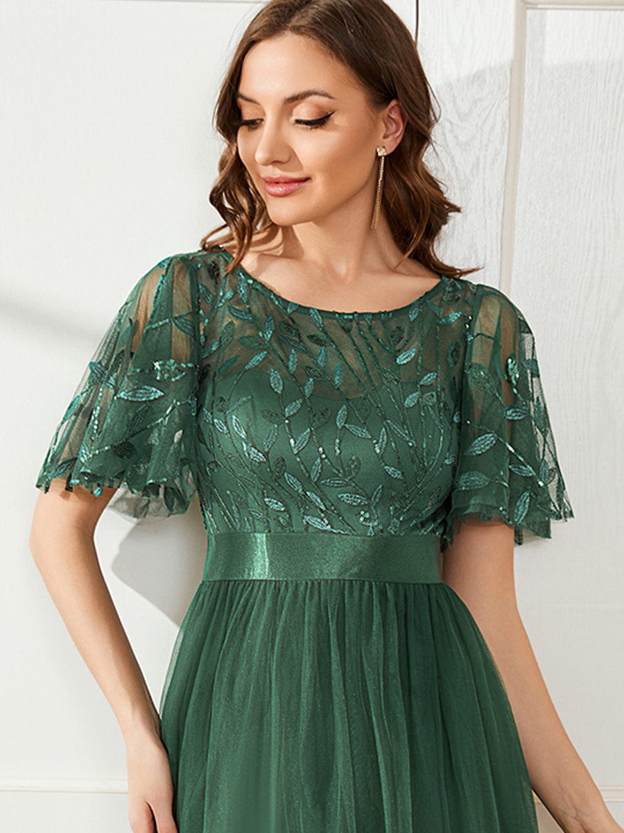 A-Line Short Sleeve Embroidery Floor-Length Evening Dress