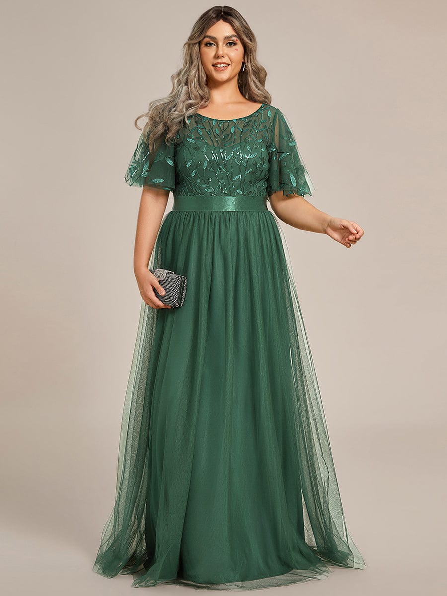 A-Line Short Sleeve Embroidery Floor-Length Evening Dress