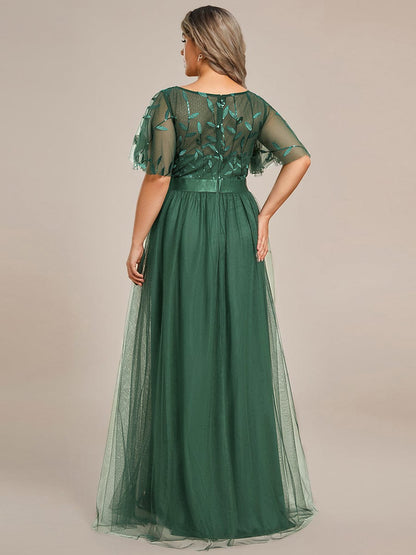 A-Line Short Sleeve Embroidery Floor-Length Evening Dress