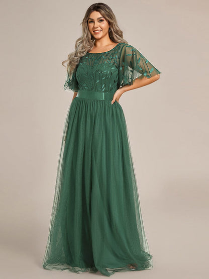 A-Line Short Sleeve Embroidery Floor-Length Evening Dress