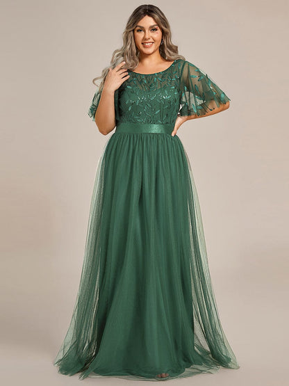 A-Line Short Sleeve Embroidery Floor-Length Evening Dress