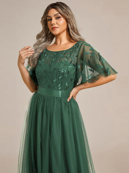 A-Line Short Sleeve Embroidery Floor-Length Evening Dress