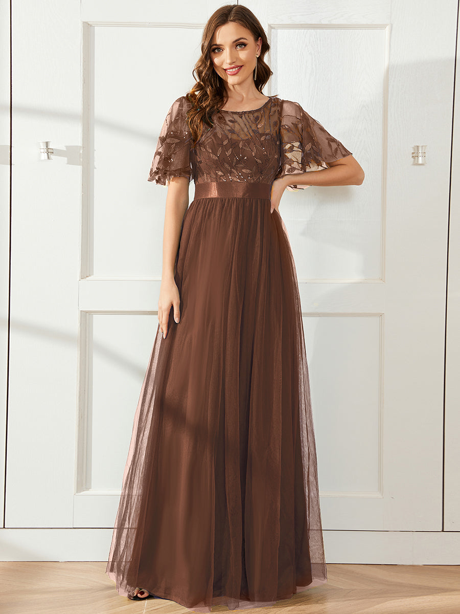 A-Line Short Sleeve Embroidery Floor-Length Evening Dress — Brown