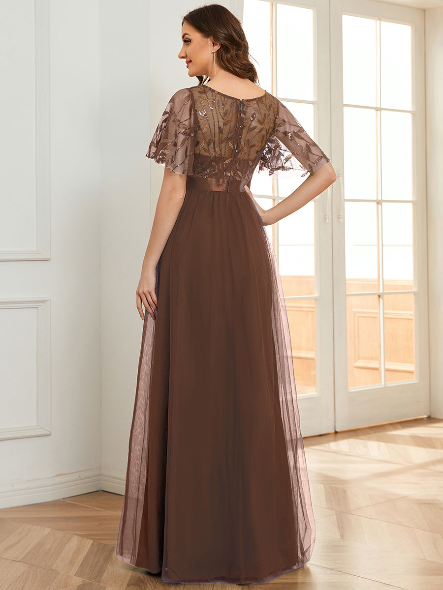 A-Line Short Sleeve Embroidery Floor-Length Evening Dress