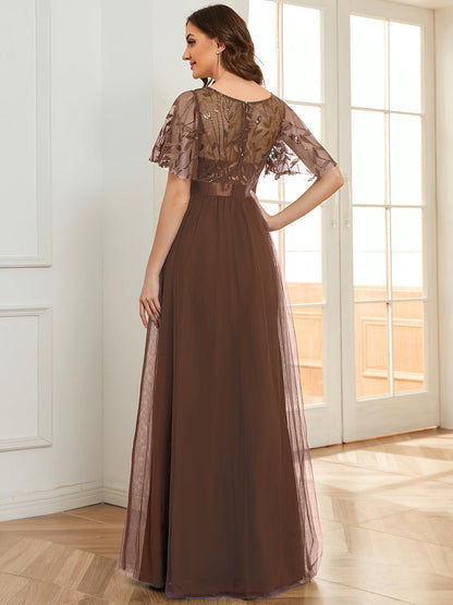 A-Line Short Sleeve Embroidery Floor-Length Evening Dress