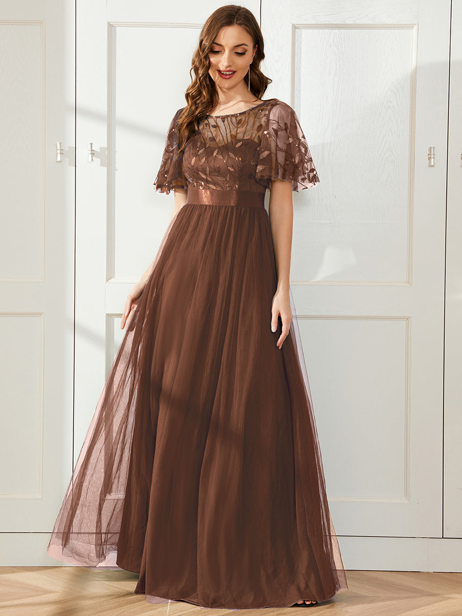 A-Line Short Sleeve Embroidery Floor-Length Evening Dress