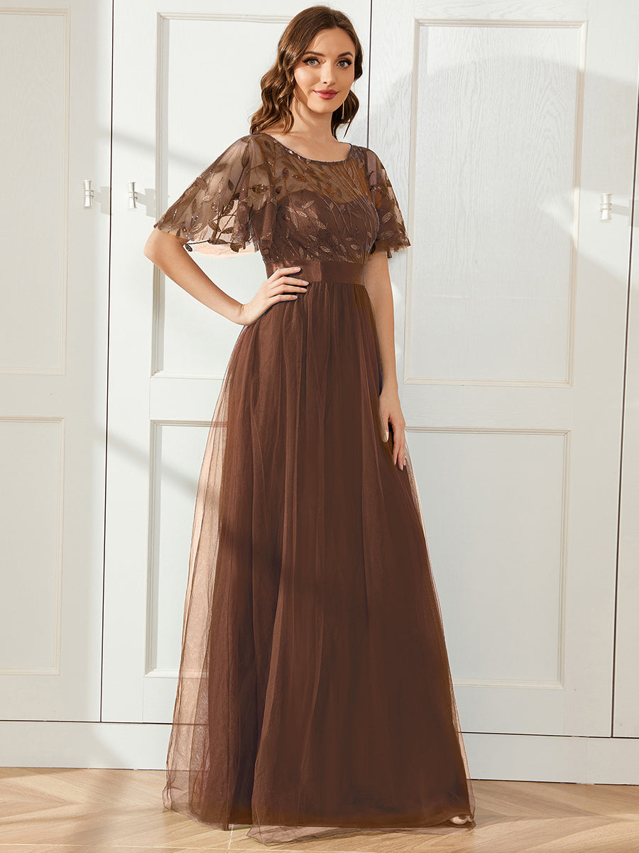 A-Line Short Sleeve Embroidery Floor-Length Evening Dress