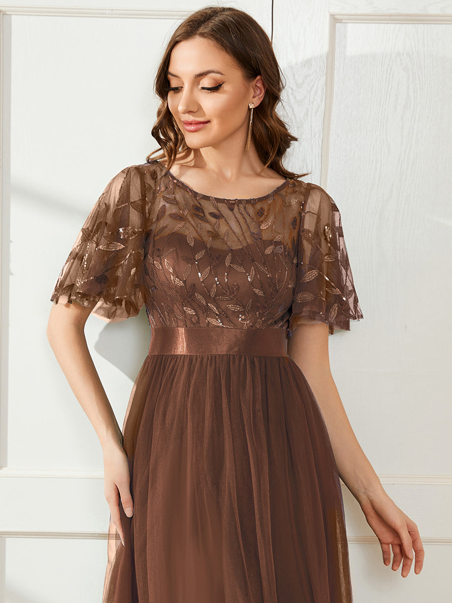 A-Line Short Sleeve Embroidery Floor-Length Evening Dress