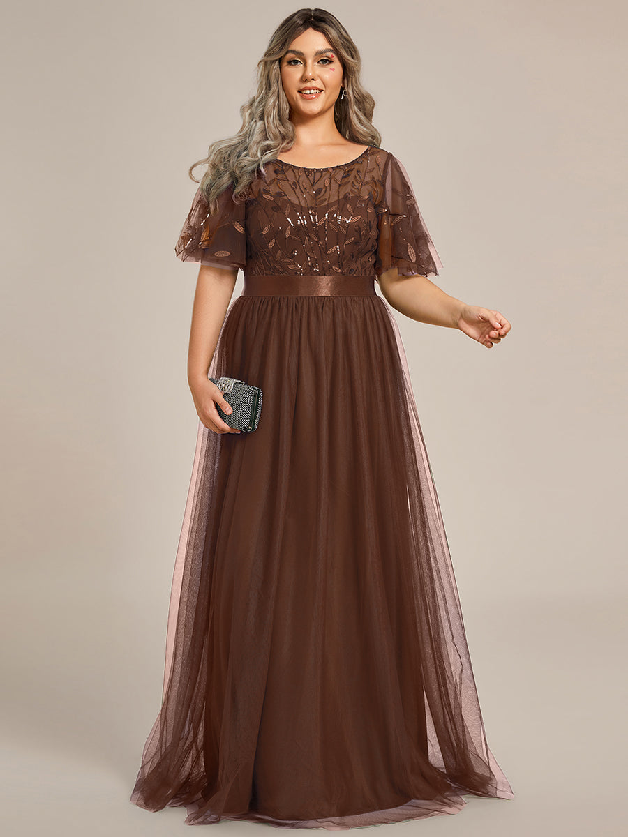 A-Line Short Sleeve Embroidery Floor-Length Evening Dress