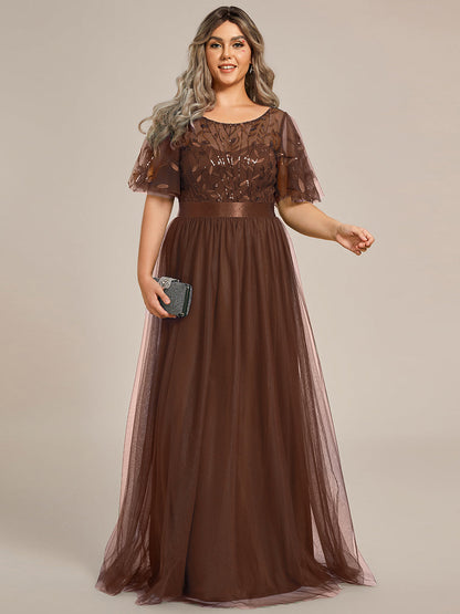 A-Line Short Sleeve Embroidery Floor-Length Evening Dress