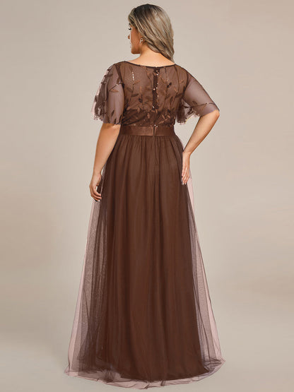 A-Line Short Sleeve Embroidery Floor-Length Evening Dress