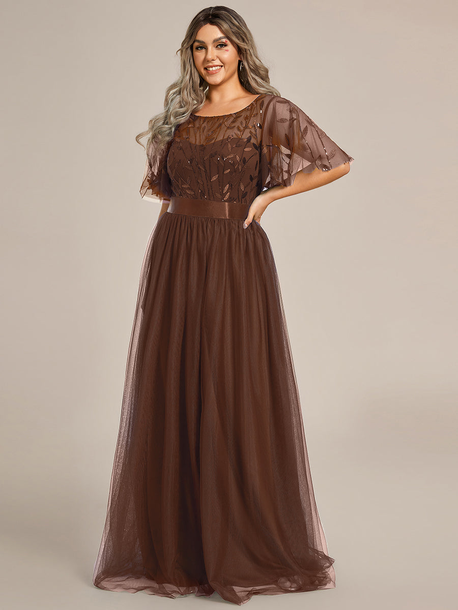 A-Line Short Sleeve Embroidery Floor-Length Evening Dress