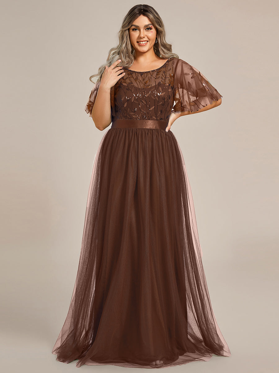 A-Line Short Sleeve Embroidery Floor-Length Evening Dress