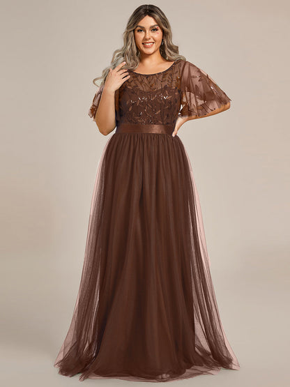 A-Line Short Sleeve Embroidery Floor-Length Evening Dress