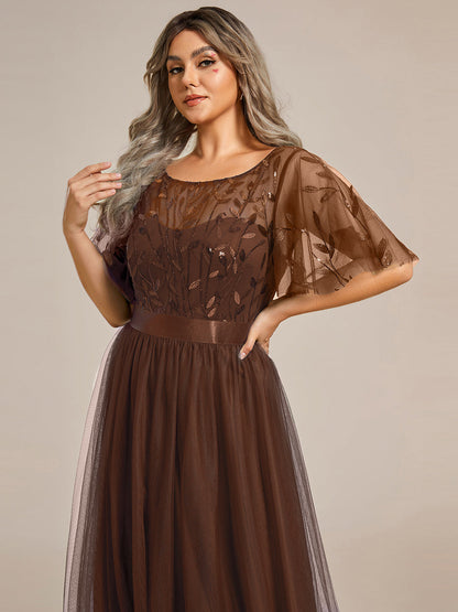 A-Line Short Sleeve Embroidery Floor-Length Evening Dress