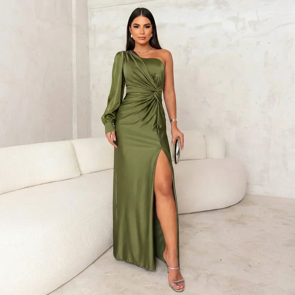 Sarah | Refined One-Shoulder Maxi Dress — Olive — Alfa Empire, view 1