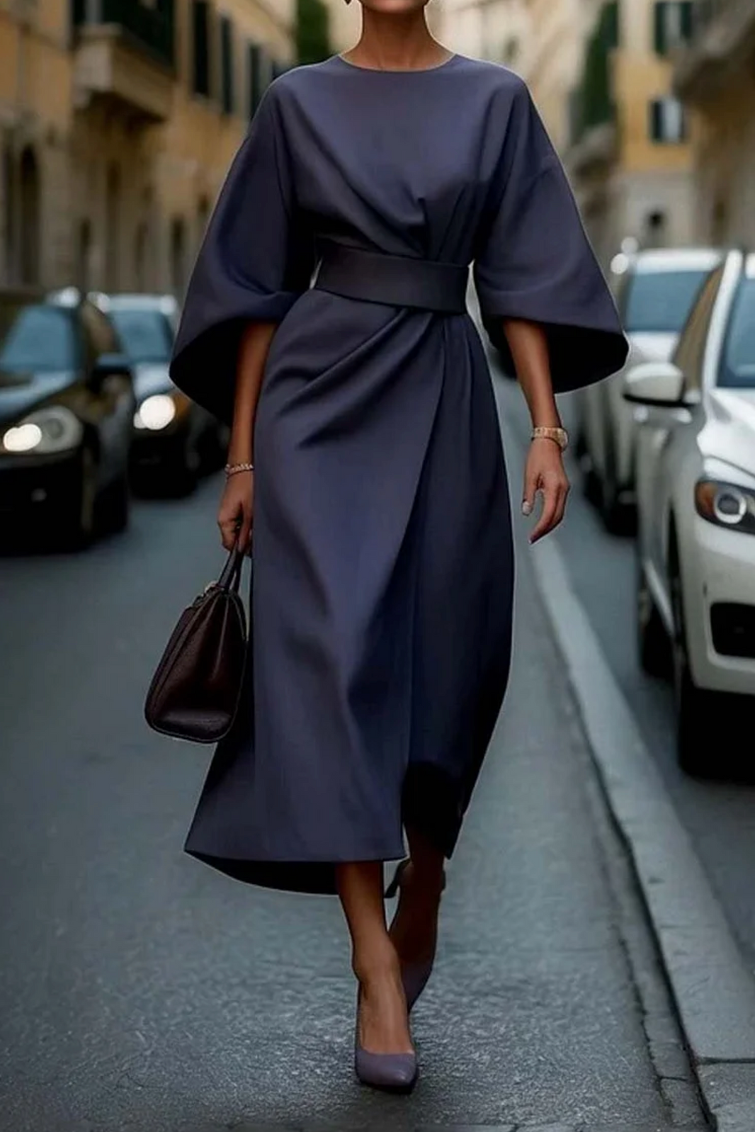 Selina | Refined Lantern Sleeves Dress — Navy Blue — Alfa Empire, view 2